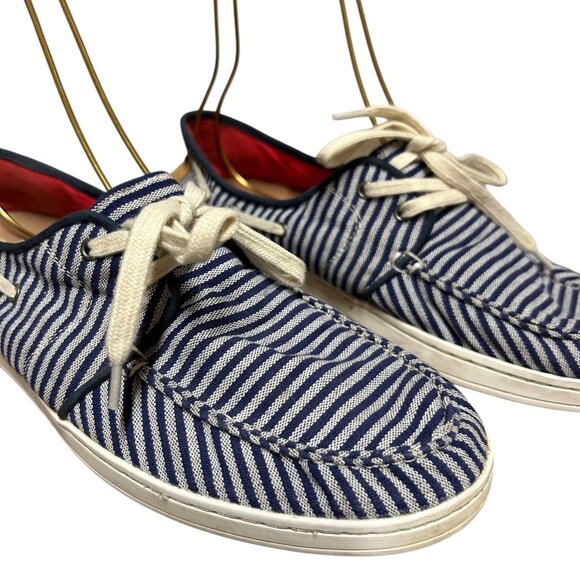 Toms Mens Culver Fabric Boat Shoe Size 9 1/2 Blue Stripe Tie Closed Toe - Picture 5 of 7